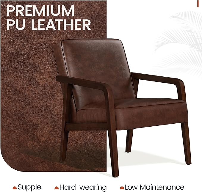 Yaheetech PU Leather Accent Chair, Mid-Century Modern Barrel Chair with Wooden Frame and Soft Thick Padded for Living Room Bedroom Home Office, Dark Brown - LeafyLoom