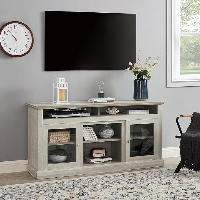 65" Farmhouse Cabinet for 65 Inch TV, Mid Century Modern Media Table Stand with Glass Door, 59'' Entertainment Center with Storage, Rustic Television Consoles for Living Room, Gray Wash - LeafyLoom