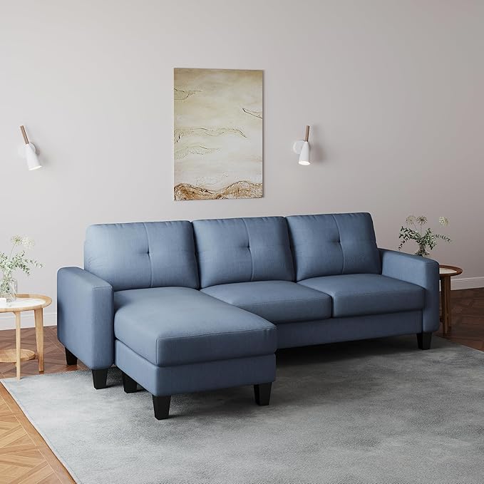 L Shaped Convertible Sectional Sofa, 3 Seater Linen Fabric Corner Couch with Reversible Chaise Movable Ottoman, Button Tufted Sofa&Couches for Small Apartments, Living Rooms and Offices - LeafyLoom