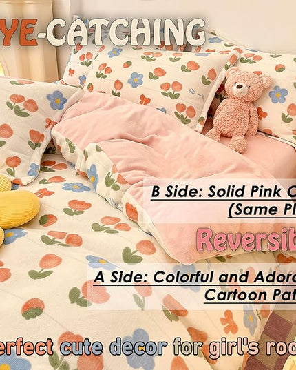 MorroMorn Twin Bedding Sets, Pink Tulips Floral Duvet Cover Set, Plush Fluffy Comforter Covers Lightweight Blanket Ultra Soft Cute for Girls Kids Toddler Teen Preppy Twin/Twin XL Size - LeafyLoom