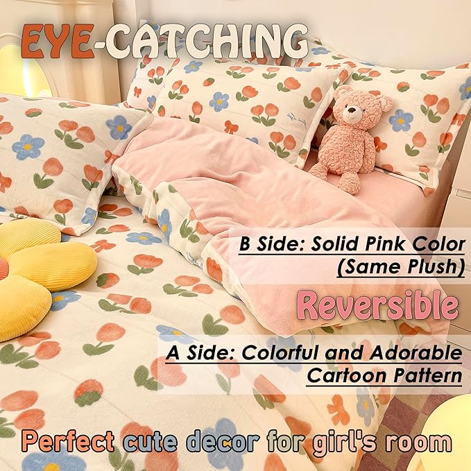 MorroMorn Twin Bedding Sets, Pink Tulips Floral Duvet Cover Set, Plush Fluffy Comforter Covers Lightweight Blanket Ultra Soft Cute for Girls Kids Toddler Teen Preppy Twin/Twin XL Size - LeafyLoom