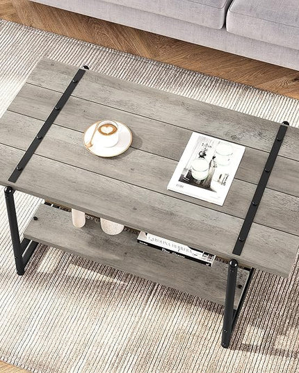 Towallmark 2-Tier Wood Coffee Table, Farmhouse Coffee Table with Storage Shelf- Rustic Metal Rectangle Center Living Room Coffee Table Accent Furniture for Home Office (Gray) - LeafyLoom