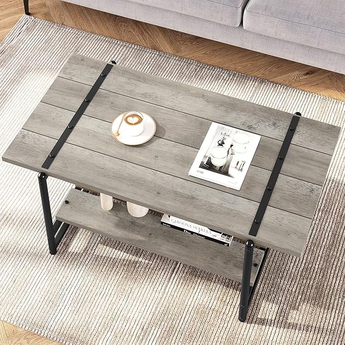 Towallmark 2-Tier Wood Coffee Table, Farmhouse Coffee Table with Storage Shelf- Rustic Metal Rectangle Center Living Room Coffee Table Accent Furniture for Home Office (Gray) - LeafyLoom