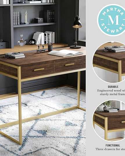 Martha Stewart Ollie Home Office Desk with 3 Drawers in Walnut Wood Grain with Polished Brass Hardware - LeafyLoom