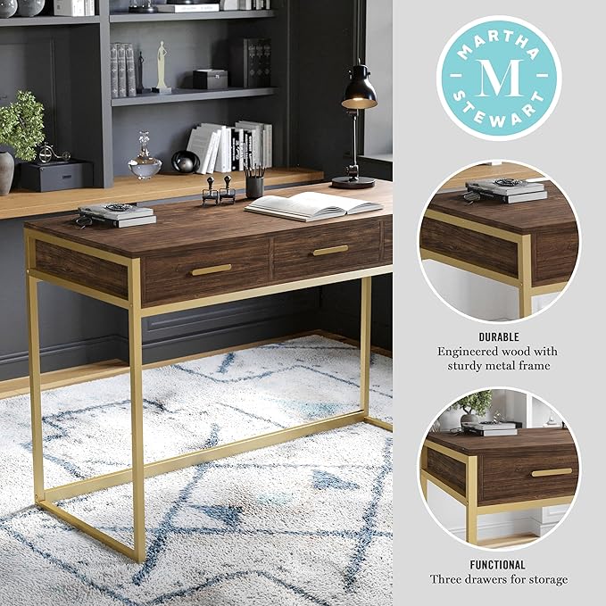 Martha Stewart Ollie Home Office Desk with 3 Drawers in Walnut Wood Grain with Polished Brass Hardware - LeafyLoom