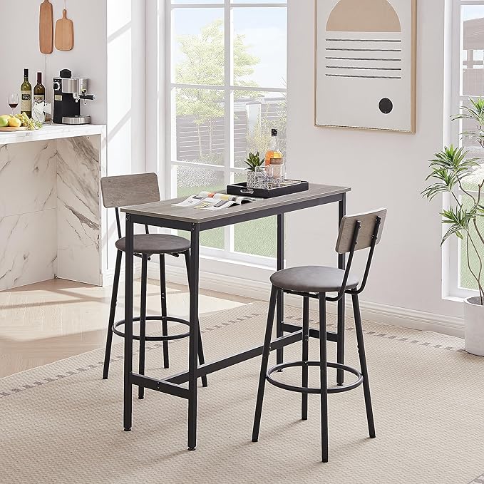 NicBex Kitchen Small Dining Table for 2 Breakfast Nook Table Set Bar Table Set with 2 Bar Stools Pu Soft Seat with Backrest for Small Space, Dining Room, Apartment, Easy Clean, Grey - LeafyLoom