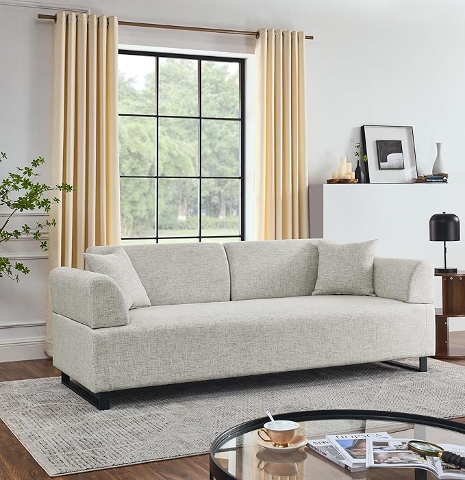 Morden Linen Upholstered 3 Seat Sofa Couch with Two End Tables and 2 Pillows, Free Transformation Removable Back and Armrests for Living Room, 86.25", Beige-395 - LeafyLoom