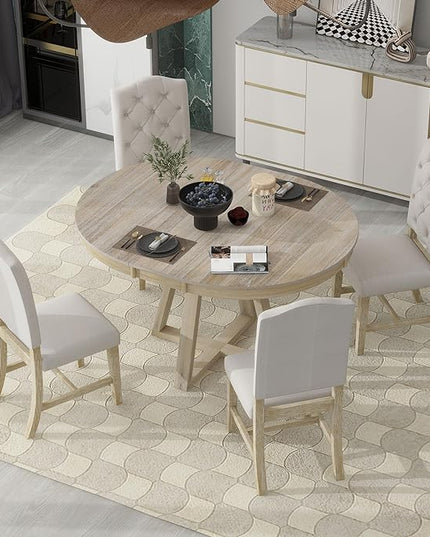 NicBex Small Dining Table Set for 4 Breakfast Nook Table Set 5-Piece Retro Functional Dining Set, Round Table with a 16" W Leaf and 4 Upholstered Chairs for Dining Room, Natural - LeafyLoom