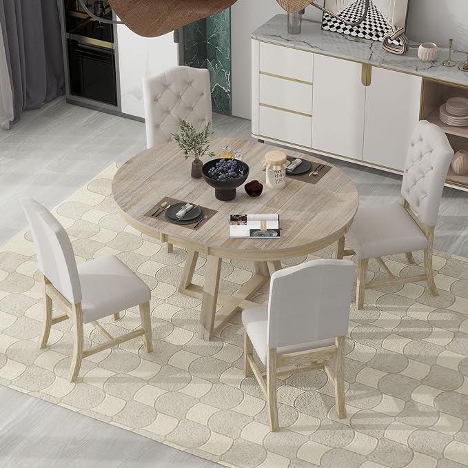 Retro Style 5-Piece Extendable Dining Round Functional Kitchen Table Set with 16" W Leaf and 4 Upholstered Chairs-Ideal for Breakfast Nook or Living Room-Natural - LeafyLoom