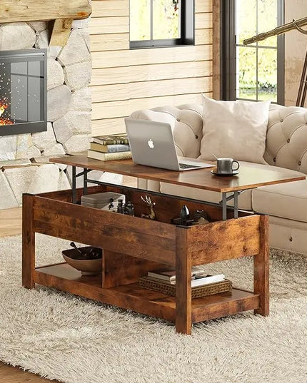 WLIVE Coffee Table, 47" Lift Top Coffee Table with Hidden Compartment and 2 Storage Shelves for Living Room, Rustic Brown - LeafyLoom