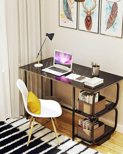 Black Marble 47inch Computer Desk Writing Workstation Home Office Table with 2-Tier Storage Shelves for Small Space - LeafyLoom