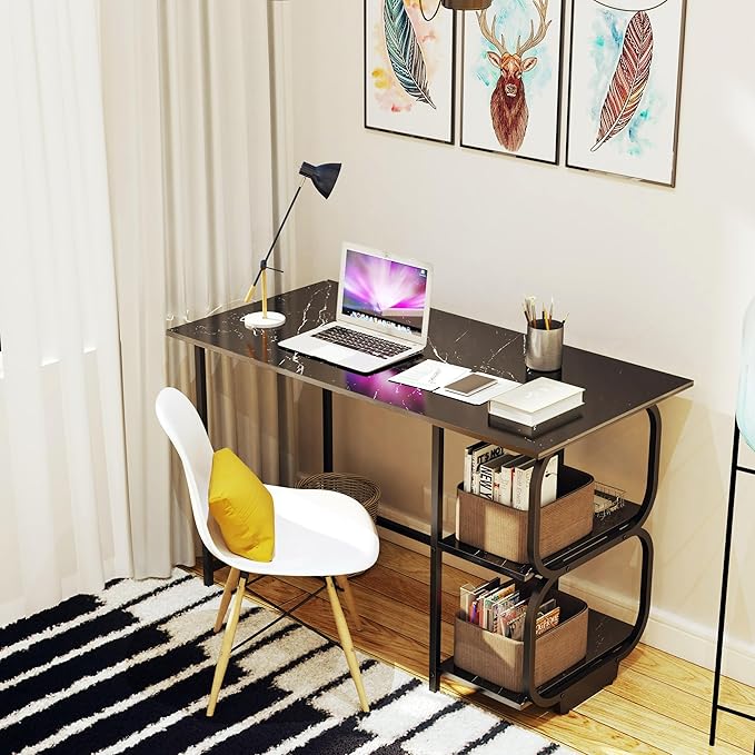 Black Marble 47inch Computer Desk Writing Workstation Home Office Table with 2-Tier Storage Shelves for Small Space - LeafyLoom
