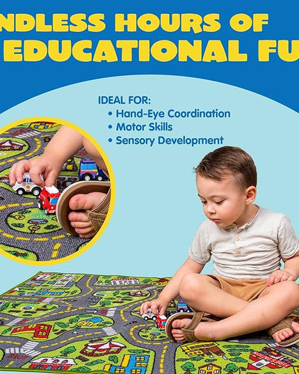 JOYIN Kids Play Rugs - 12 Pull-Back Vehicle Set - Durable Carpet Playmat Rug - City Pretend Play - Toddler Car Track Rug - LeafyLoom