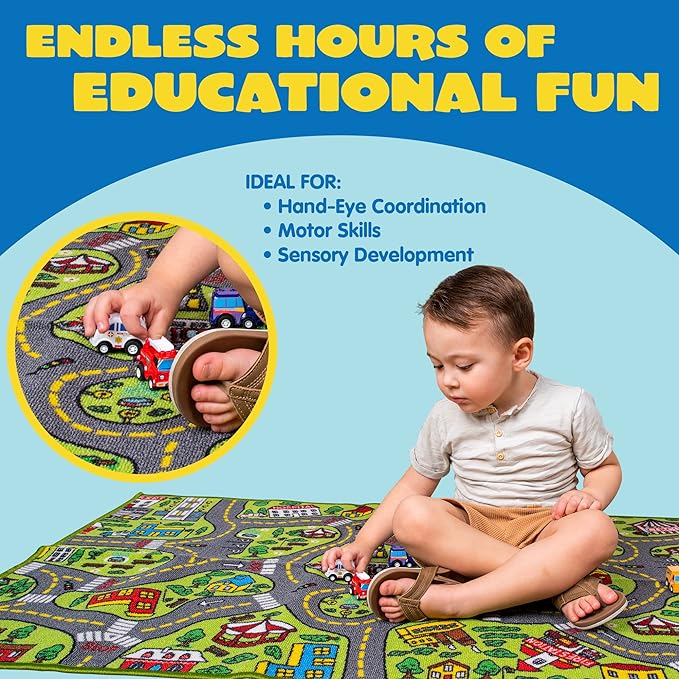 JOYIN Kids Play Rugs - 12 Pull-Back Vehicle Set - Durable Carpet Playmat Rug - City Pretend Play - Toddler Car Track Rug - LeafyLoom
