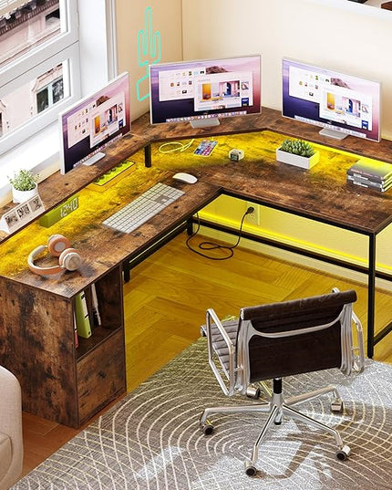 YITAHOME L Shaped Desk with Power Outlets & LED Lights, 67" Computer Desk with File Drawer, Corner Desk Home Office Desk with Monitor Stand & 3 Cubbies Storage Shelves, Rustic Brown - LeafyLoom