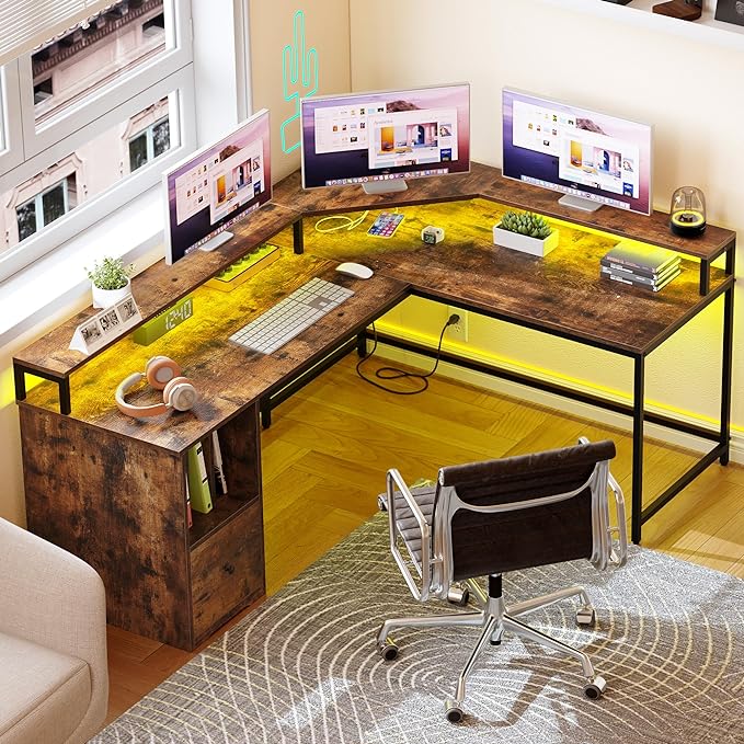 YITAHOME L Shaped Desk with Power Outlets & LED Lights, 67" Computer Desk with File Drawer, Corner Desk Home Office Desk with Monitor Stand & 3 Cubbies Storage Shelves, Rustic Brown - LeafyLoom