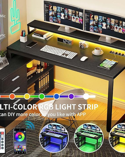 YITAHOME L Shaped Desk with 3 Drawers, 55" Corner Computer Desk with Power Outlets & LED Lights, L-Shaped Desk with File Cabinet for Home Office, Black - LeafyLoom