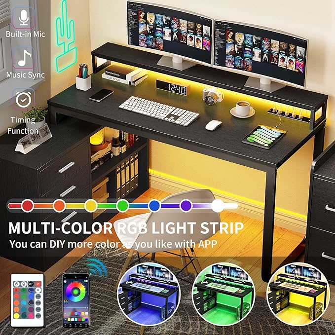 YITAHOME L Shaped Desk with 3 Drawers, 55" Corner Computer Desk with Power Outlets & LED Lights, L-Shaped Desk with File Cabinet for Home Office, Black - LeafyLoom