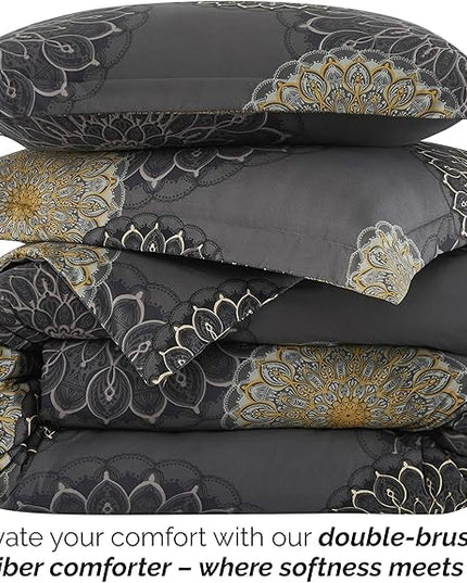 Southshore Fine Living, Inc. Oversized Full/Queen Comforter Bedding Set, Down Alternative Boho Bedspread, Paisley Floral Comforter, Full Size/Queen with 2 Matching Shams, Midnight Floral Black - LeafyLoom