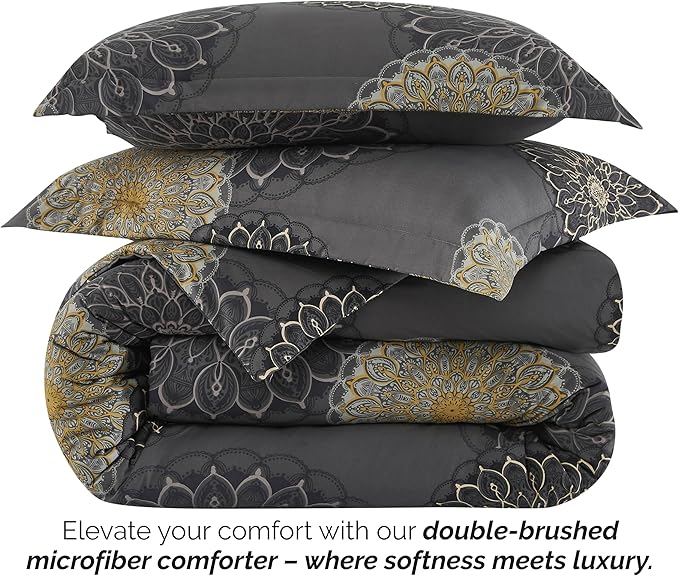 Southshore Fine Living, Inc. Oversized Full/Queen Comforter Bedding Set, Down Alternative Boho Bedspread, Paisley Floral Comforter, Full Size/Queen with 2 Matching Shams, Midnight Floral Black - LeafyLoom