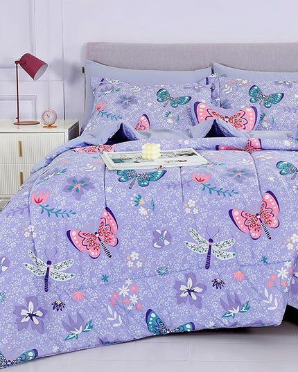 Mooreeke Bed in a Bag for Kids Girls Teens, 6 Pieces Twin Size Comforter Bed Set with Shams, Sheet Set and Decorative Toy Pillow, Butterfly Purple Super Soft Microfiber Kids Comforter Bedding Set - LeafyLoom