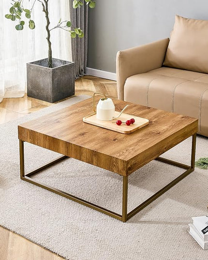 31.5'' Modern Rectangular Coffee Table with Textured Wood Tabletop for Living Room with Metal Legs Frame Natural Wood Coffee Table - LeafyLoom