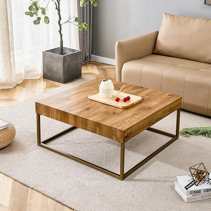31.5'' Modern Rectangular Coffee Table with Textured Wood Tabletop for Living Room with Metal Legs Frame Natural Wood Coffee Table - LeafyLoom