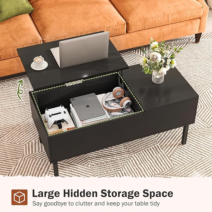 Lift Top Coffee Table with Storage, Black Modern Coffee Table for Living Room & Small Space, Wood Lifting Top Coffee Table with Adjustable Metal Legs - LeafyLoom