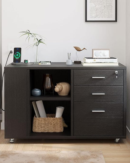 YITAHOME 3 Drawer File Cabinet with Charging Station, Home Office Furniture, Black - LeafyLoom