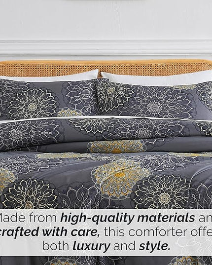 Southshore Fine Living, Inc. Oversized Full/Queen Comforter Bedding Set, Down Alternative Boho Bedspread, Paisley Floral Comforter, Full Size/Queen with 2 Matching Shams, Midnight Floral Black - LeafyLoom