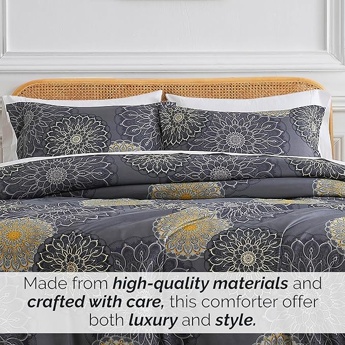 Southshore Fine Living, Inc. Oversized Full/Queen Comforter Bedding Set, Down Alternative Boho Bedspread, Paisley Floral Comforter, Full Size/Queen with 2 Matching Shams, Midnight Floral Black - LeafyLoom