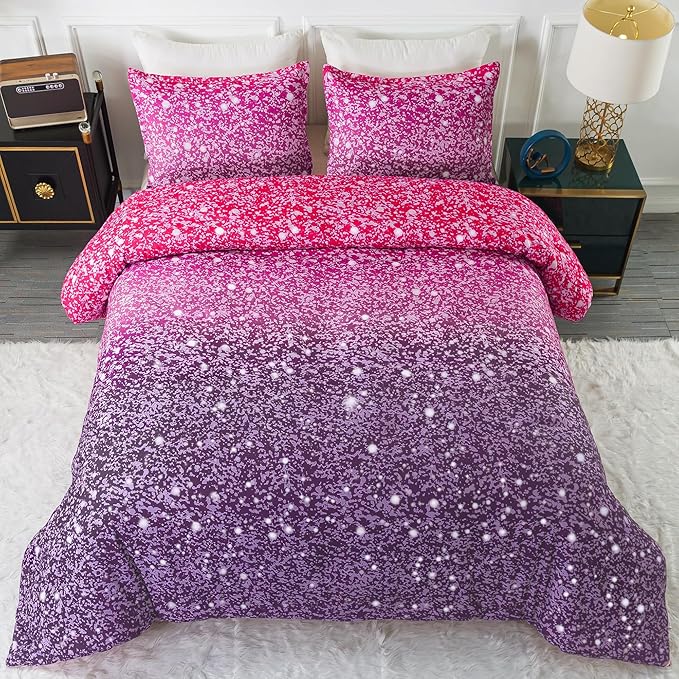Litanika Galaxy Comforter Queen(90x90lnch), 3 Pieces(1 Purple Glitter Ombre Comforter, 2 Pillowcases), 3D Colorful Rainbow Bedding Set, Microfiber Comforter Set for Kid Boy Girl Teen - LeafyLoom