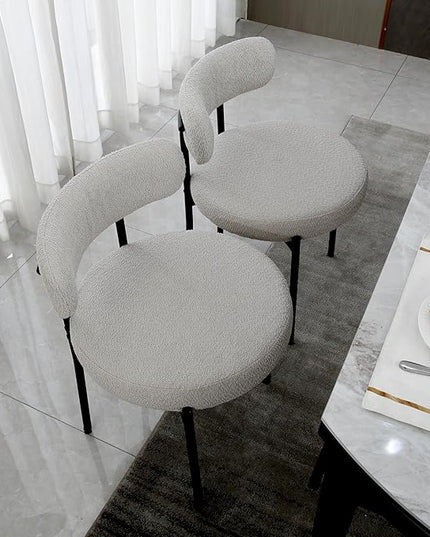 Light Grey Dining Chairs Set of 2 Round Upholstered Boucle Dining Room Chairs Mid-Century Modern Kitchen Chairs Curved Backrest Chairs for Dining Room Black Metal Legs - LeafyLoom