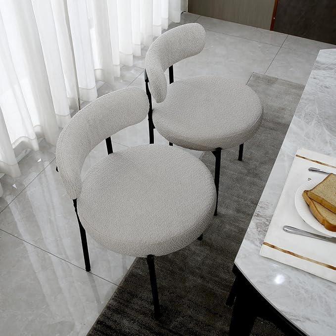 Light Grey Dining Chairs Set of 2 Round Upholstered Boucle Dining Room Chairs Mid-Century Modern Kitchen Chairs Curved Backrest Chairs for Dining Room Black Metal Legs - LeafyLoom