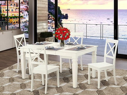 East West Furniture WEBO5-LWH-W 5 Piece Dinette Set for 4 Includes a Rectangle Room Table with Butterfly Leaf and 4 Dining Chairs, 42x60 Inch, Linen White - LeafyLoom