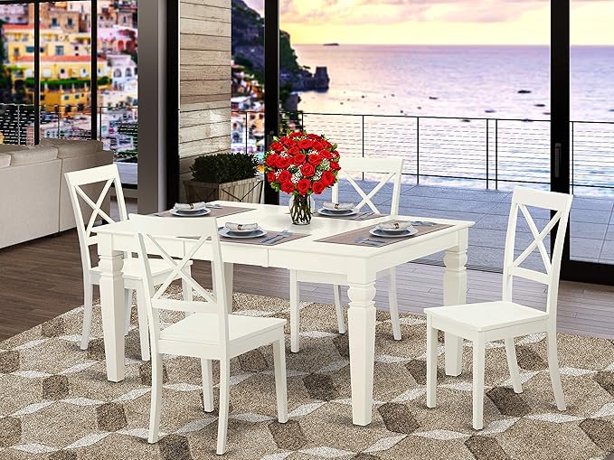 East West Furniture WEBO5-LWH-W 5 Piece Dinette Set for 4 Includes a Rectangle Room Table with Butterfly Leaf and 4 Dining Chairs, 42x60 Inch, Linen White - LeafyLoom