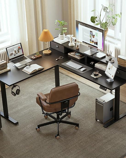 L shaped Electric Standing Desk with 2 Drawers, 63 Inch Ergonomic Adjustable Height Desk with Storage, Corner Desk Sit Stand up Computer Table for Work Office Home, Black - LeafyLoom