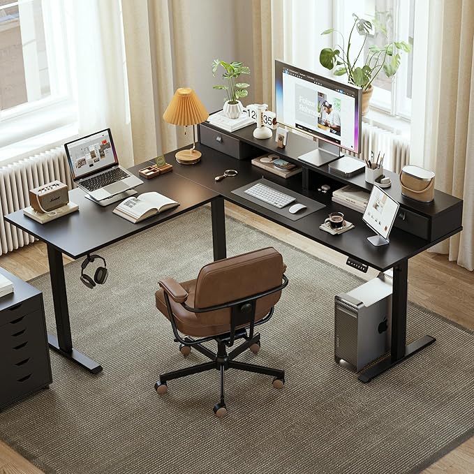 L shaped Electric Standing Desk with 2 Drawers, 63 Inch Ergonomic Adjustable Height Desk with Storage, Corner Desk Sit Stand up Computer Table for Work Office Home, Black - LeafyLoom