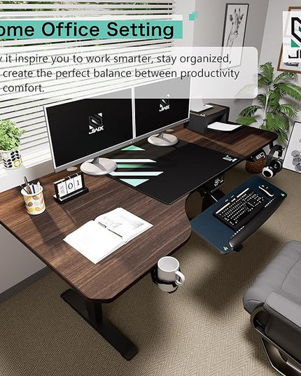 Standing Desk, L Shaped Adjustable Standing Desk, 63'' Corner Height Adjustable desk with Cup Holder, Headphone Hook, Cable Manager, and Mouse pad, Brown Panel - LeafyLoom