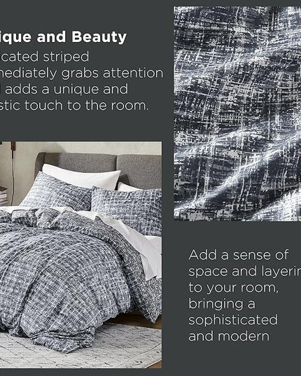 Hyde Lane Comforter King Size for Men, Grey Modern Farmhouse Aesthetic Soft Bedding Set, Masculine Plaid Lines Pattern Bed Sets for All Season, 3 Pieces includes 1 Comforter, 2 Shams (104"x 90") - LeafyLoom