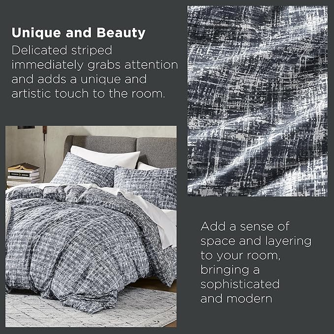 Hyde Lane Comforter King Size for Men, Grey Modern Farmhouse Aesthetic Soft Bedding Set, Masculine Plaid Lines Pattern Bed Sets for All Season, 3 Pieces includes 1 Comforter, 2 Shams (104"x 90") - LeafyLoom