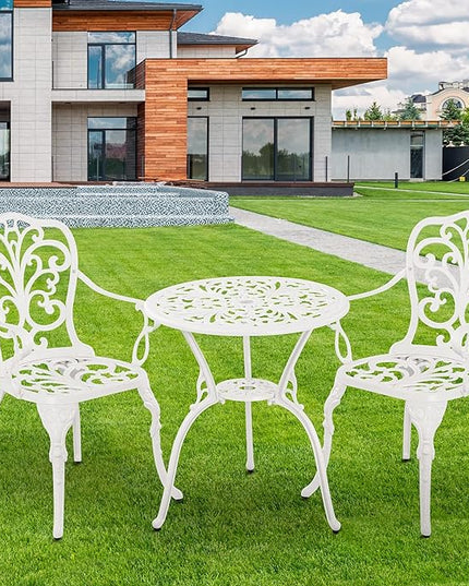 Patio Bistro Set 3 Piece Cast Aluminum Outdoor Bistro Set, Rust Resistance Bistro Table and Chairs of 2 with Umbrella Hole, Small Patio Set for Garden Outside, White - LeafyLoom