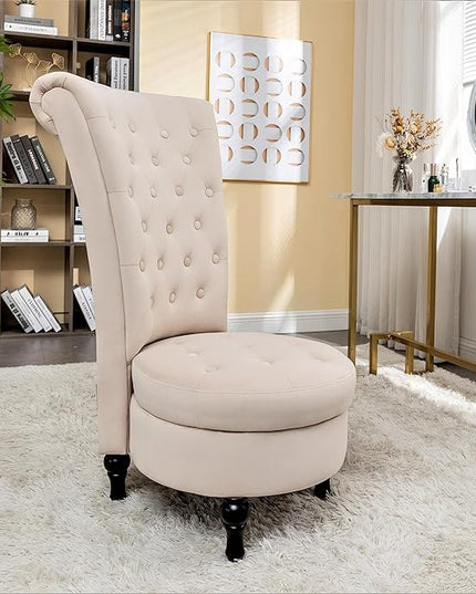 Royal High-Back Velvet Accent Chair for Vanity with Storage and Luxurious Upholstery, Retro Design and Versatile Usage for Living Room, Bedroom, Lounge and Office, Ivory - LeafyLoom
