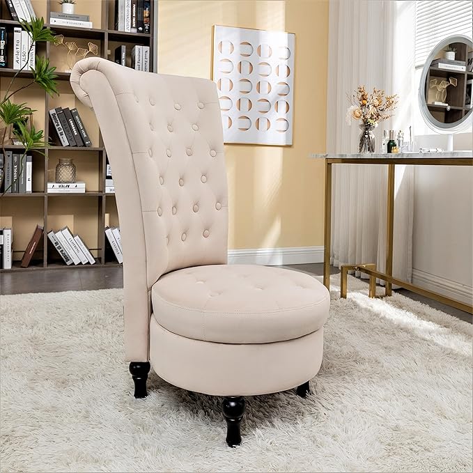 Royal High-Back Velvet Accent Chair for Vanity with Storage and Luxurious Upholstery, Retro Design and Versatile Usage for Living Room, Bedroom, Lounge and Office, Ivory - LeafyLoom