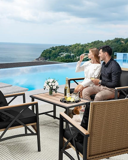 YITAHOME 4-Piece Patio Wicker Furniture Set with Wood Armrest, All Weather Rattan Conversation Furniture Sets for Backyard, Balcony, Deck w/Soft Cushions and Plastic Wood Table (Light Brown+Black) - LeafyLoom