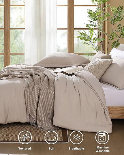 Dark Beige King Size Comforter Set, 3 Piece Summer Bedding for Textured Crinkle King Comforter Set, King Bedding Set with Minimalist Lightweight Comforter & Shams (King, 102"x90") - LeafyLoom