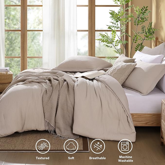 Dark Beige King Size Comforter Set, 3 Piece Summer Bedding for Textured Crinkle King Comforter Set, King Bedding Set with Minimalist Lightweight Comforter & Shams (King, 102"x90") - LeafyLoom