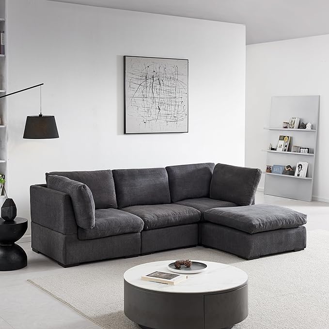 Cloud Modular Sectional Sofa, Comfort 60% Down Filled L Shaped Sleeper Sofa Couch Bed with Movable Ottoman for Living Room, Minimalist Wide Deep Seat Convertible Corner Sofa&Couches for Office - LeafyLoom