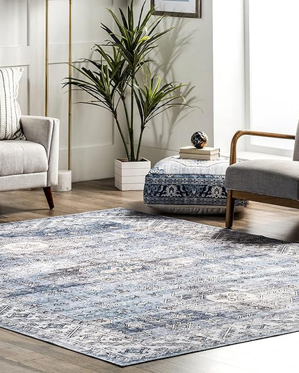 nuLOOM Eva Machine Washable Vintage Faded Medallion Ultra Thin Area Rug, 5' x 8', Blue - LeafyLoom