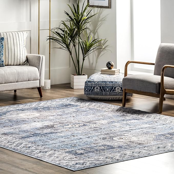 nuLOOM Eva Machine Washable Vintage Faded Medallion Ultra Thin Area Rug, 5' x 8', Blue - LeafyLoom